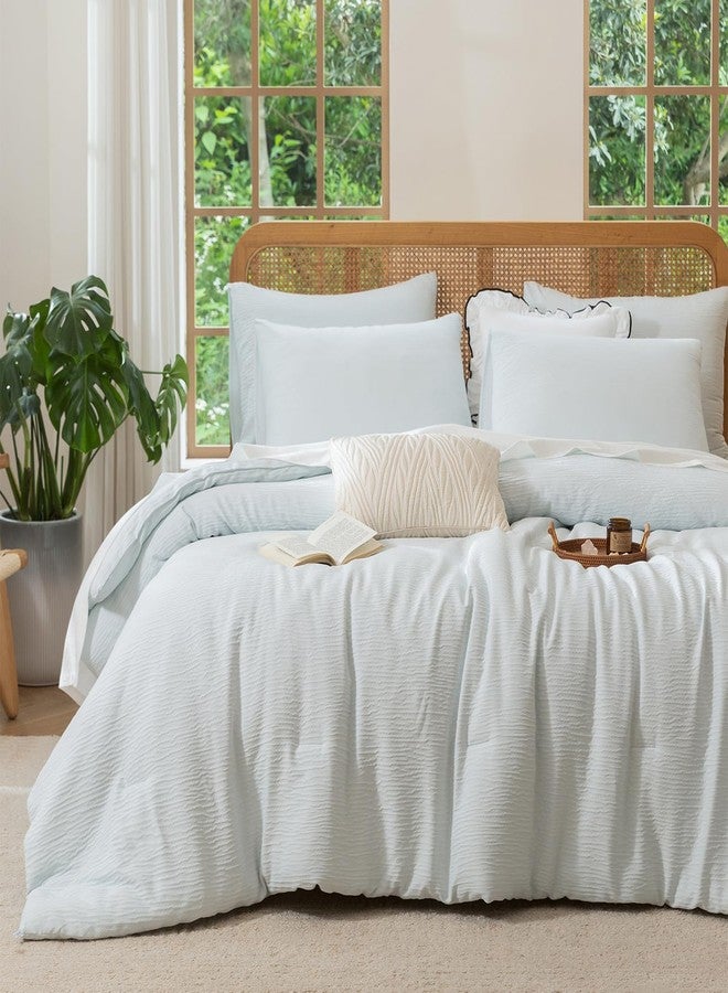 BUPIRD 3 Pieces Light Blue King Comforter Set, Lightweight Double-Layer Crinkle Gauze All Season Soft Bedding (90x104 in Comforter & 2 Pillowcases) - Image 1