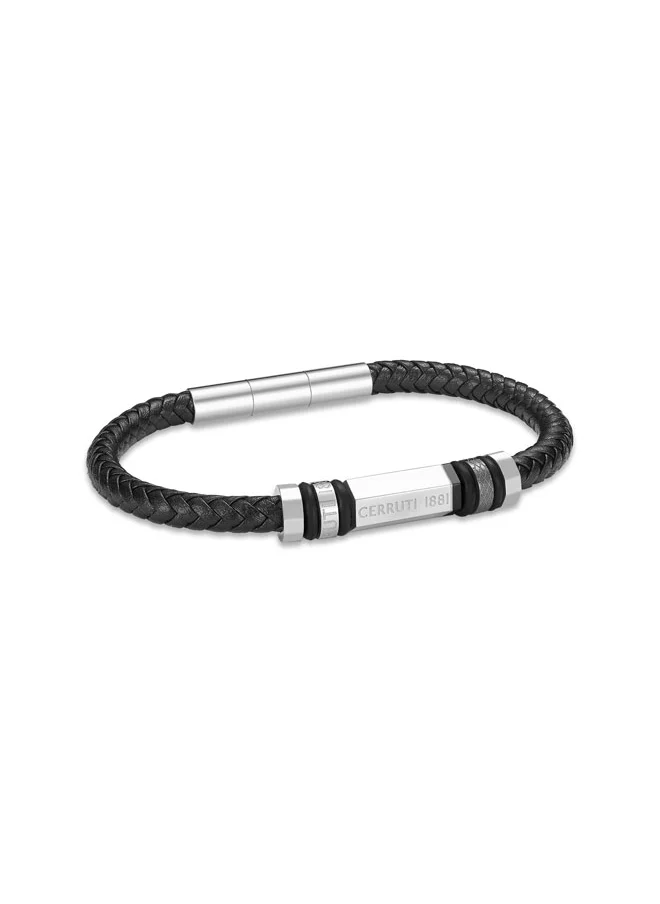 شيروتي 1881 Narciso Two Tone Silver and Black Leather Bracelet