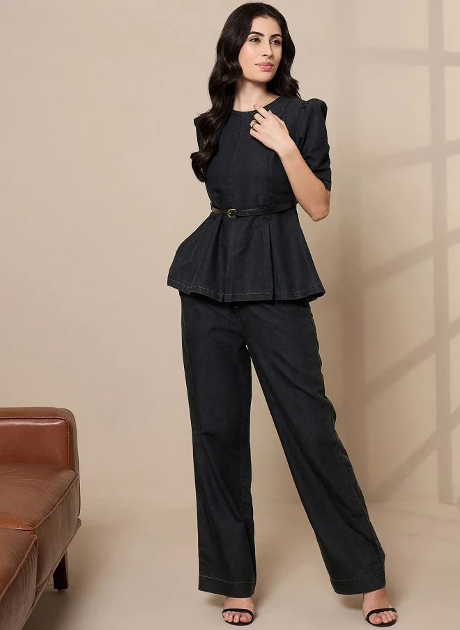 ساسافراس SASSAFRAS Black Cotton Peplum Top and Trouser Set for Women