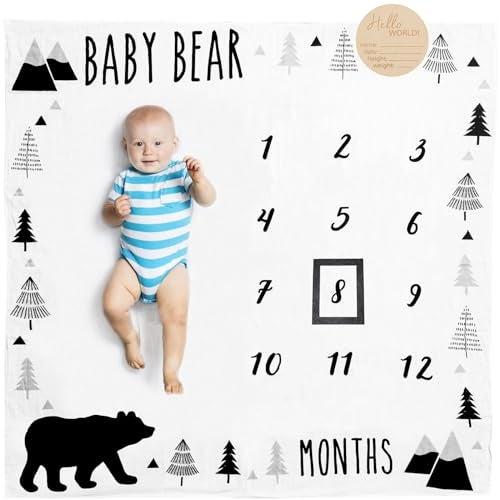 Pondering Pine Organic Baby Monthly Milestone Blanket Boy - Baby Bear Blanket with Month Marker Frame and Newborn Announcement Disc - 1-12 Months Milestones, Woodland, 47”x47” - Image 1