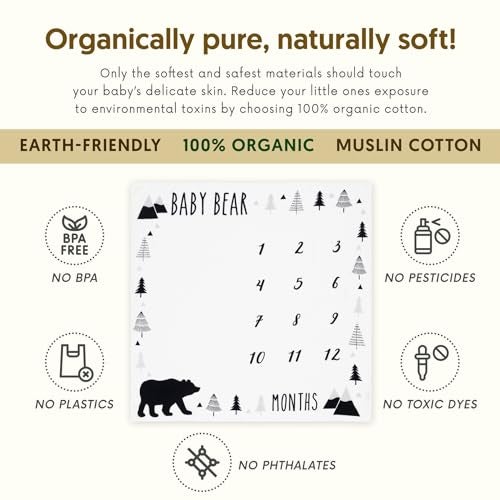 Pondering Pine Organic Baby Monthly Milestone Blanket Boy - Baby Bear Blanket with Month Marker Frame and Newborn Announcement Disc - 1-12 Months Milestones, Woodland, 47”x47” - Image 3