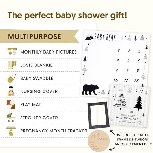 Pondering Pine Organic Baby Monthly Milestone Blanket Boy - Baby Bear Blanket with Month Marker Frame and Newborn Announcement Disc - 1-12 Months Milestones, Woodland, 47”x47” - Image 5