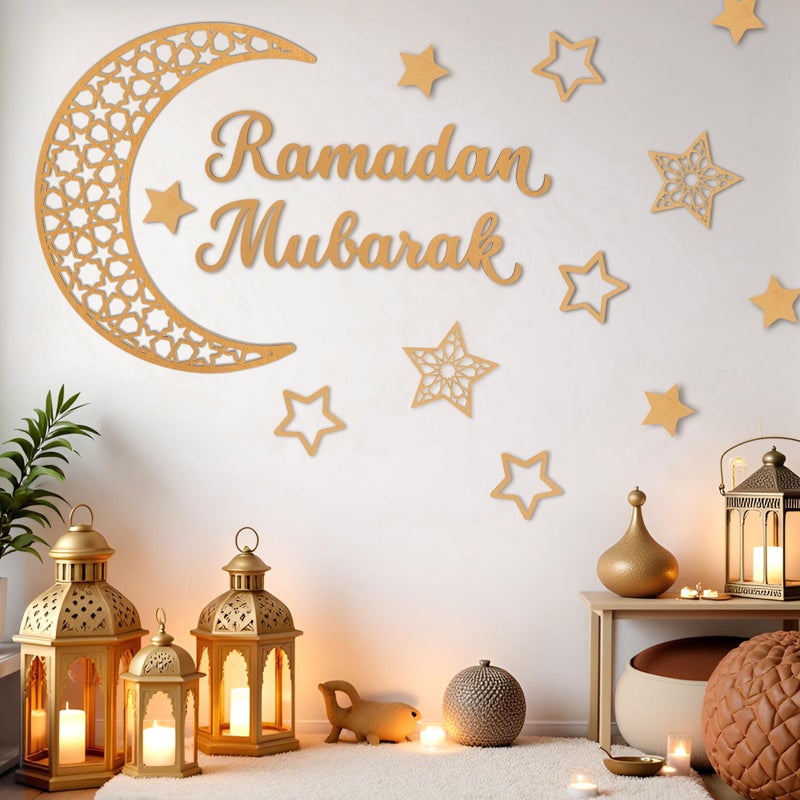 Rmeosye Ramadan Mubarak Wall Decor Set, Moon and Star Islamic Wooden Wall Art Sign for Ramadan Eid Decorations, Muslim Home Decor for Living Room, Bedroom, or Prayer Space - Image 1