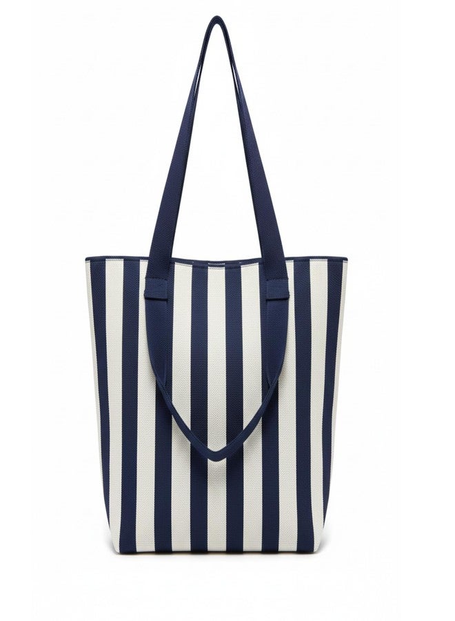 Blue Max Casual strip Tote Bag for Women | Large Woven Shoulder Handbag with Zipper Closure | Lightweight Everyday Carry Bag for Work, Travel & Shopping (blue & white) - Image 1