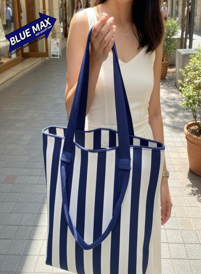 Blue Max Casual strip Tote Bag for Women | Large Woven Shoulder Handbag with Zipper Closure | Lightweight Everyday Carry Bag for Work, Travel & Shopping (blue & white) - Image 5