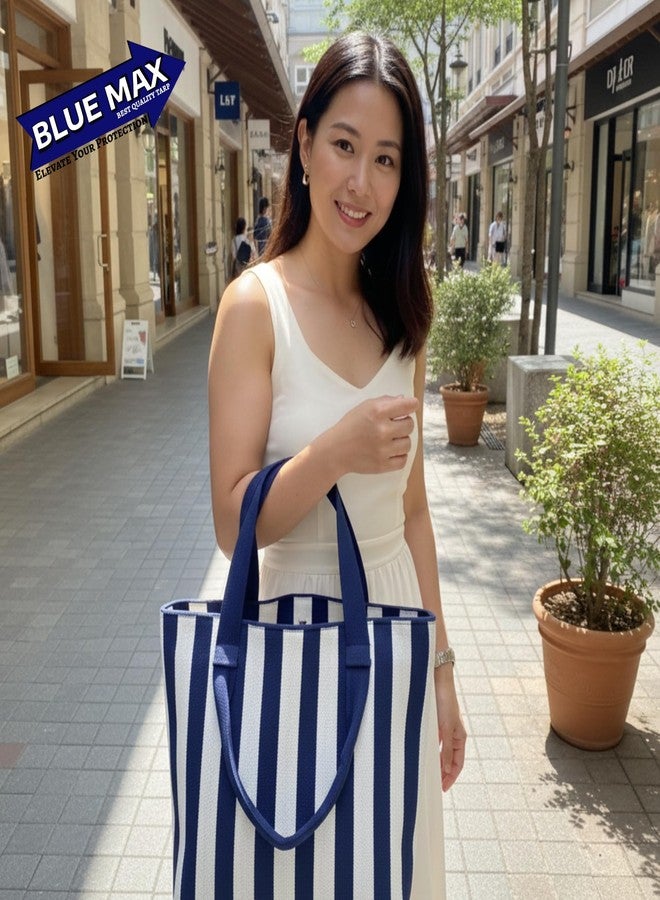 Blue Max Casual strip Tote Bag for Women | Large Woven Shoulder Handbag with Zipper Closure | Lightweight Everyday Carry Bag for Work, Travel & Shopping (blue & white) - Image 2