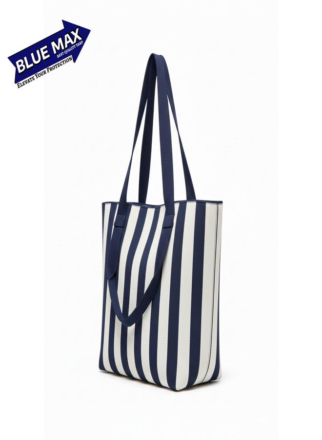 Blue Max Casual strip Tote Bag for Women | Large Woven Shoulder Handbag with Zipper Closure | Lightweight Everyday Carry Bag for Work, Travel & Shopping (blue & white) - Image 3