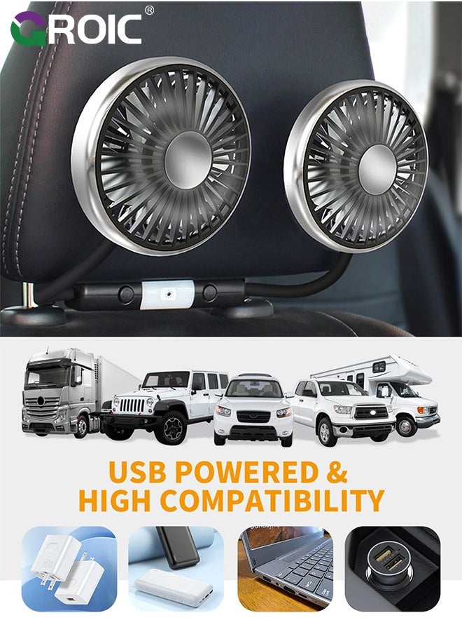 GROIC Car Fan for Backseat, Dual Head Hose Car Seat Fan with Led Lights, Portable USB Fan for Car, 3 Speeds and 360 Degree Rotatable Cooling Car Fans for Vehicles RV SUV Truck  - Image 4
