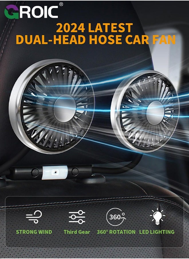 GROIC Car Fan for Backseat, Dual Head Hose Car Seat Fan with Led Lights, Portable USB Fan for Car, 3 Speeds and 360 Degree Rotatable Cooling Car Fans for Vehicles RV SUV Truck  - Image 2