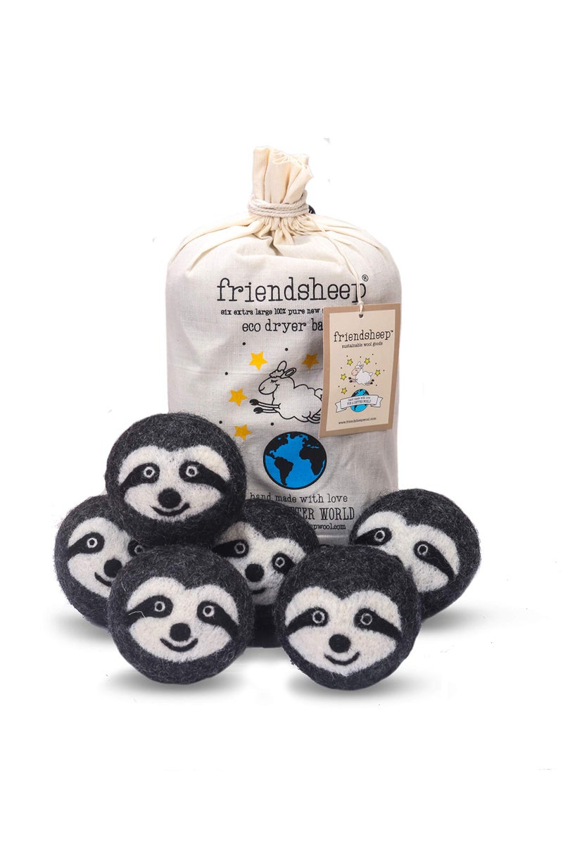 Friendsheep Wool Dryer Balls, Organic Reusable Fabric Softener Alternative for Laundry, Handmade, Fair Trade, Hypoallergenic, Eco-Friendly, Plastic-Free (6 Pack XL â€“ Gray Sloth - Sloth Squad)