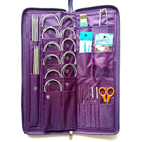 MAYMII 104 Pcs Knitting Kit Stainless Steel Knit Needles Straight+Circular Needles+Crochet Hook Needlework Hand Tool with Pu Bag - Image 1