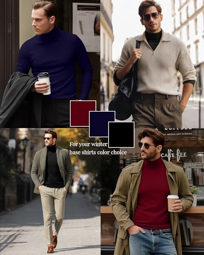 Ficerd 3 Pack Men's Turtleneck Shirts, Long Sleeve Cotton Pullover Sweaters Mock Neck Knitted T-Shirt Basic Slim Fit Tops - Image 2