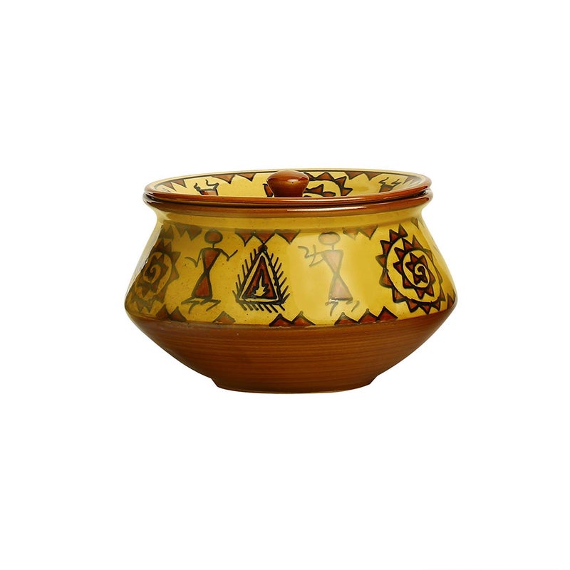 Caffeine Ceramic Handmade Mustard Romani Serving Handi with Lid Set of 1 - Image 2