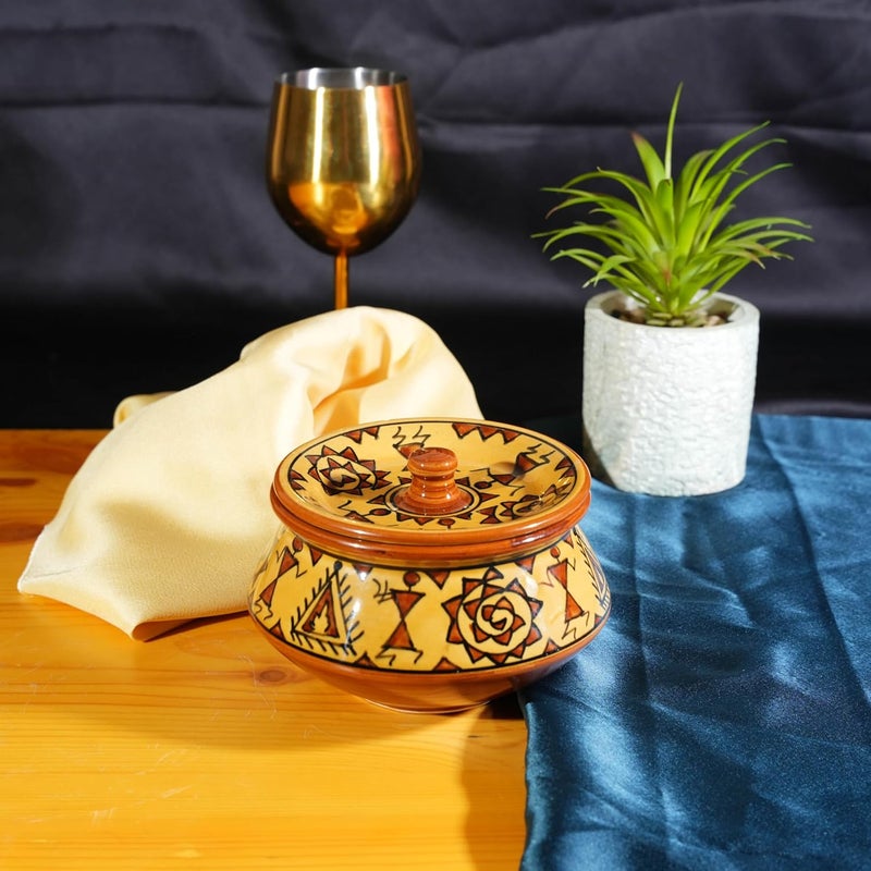 Caffeine Ceramic Handmade Mustard Romani Serving Handi with Lid Set of 1 - Image 1