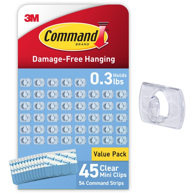 Command Clear Indoor Mini Light Clips Value Pack, 45 Clips, 54 Strips, Damage-Free String Light Hangers for Home, Room, Wall, Office, and Dorm Decor, Great for Cable Management, Holds up to 0.3 lb - Image 1