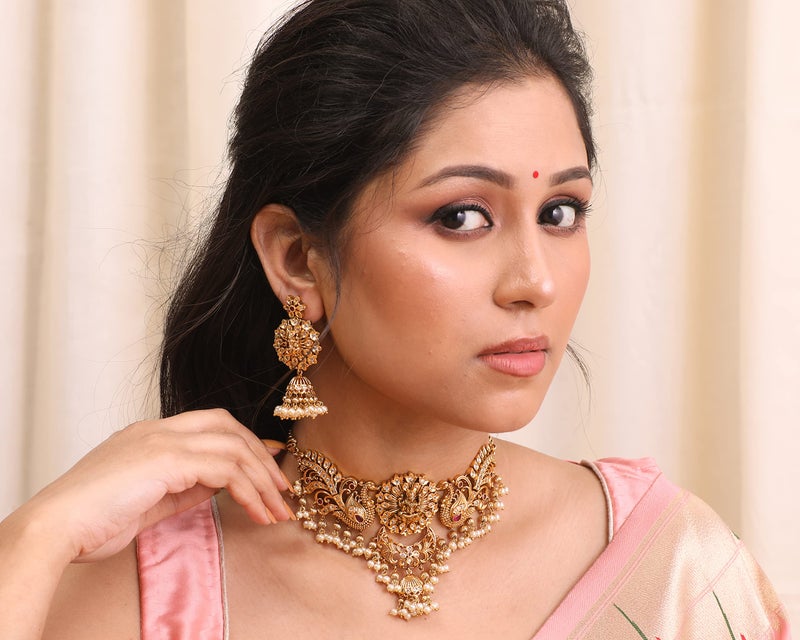 TARINIKA Brass Indian Choker Necklace Set - Gold Plated Cubic Zirconia Indian Jewelry Sets for Women Dangle, Drop, Jhumka Earrings Traditional Desi Necklace Pearls Gift for her (Anusri Antique(White Red)) - Image 2