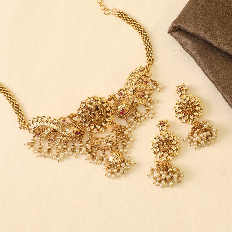 TARINIKA Brass Indian Choker Necklace Set - Gold Plated Cubic Zirconia Indian Jewelry Sets for Women Dangle, Drop, Jhumka Earrings Traditional Desi Necklace Pearls Gift for her (Anusri Antique(White Red)) - Image 3