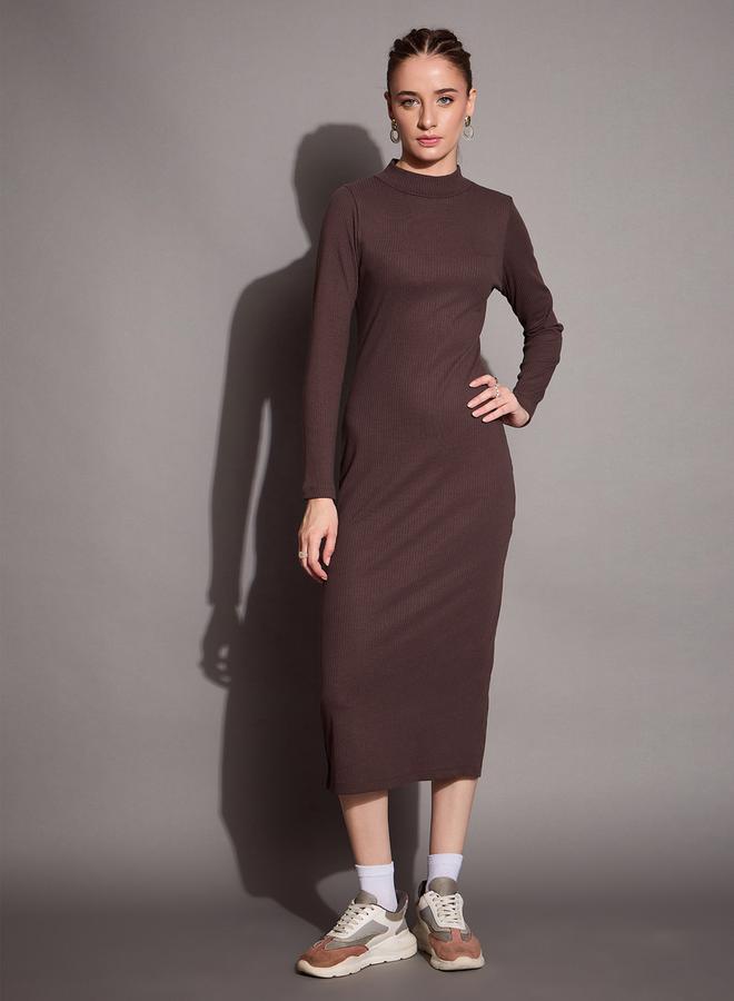 SASSAFRAS Ribbed Bodycon Midi Dress with Back Slit - Image 1
