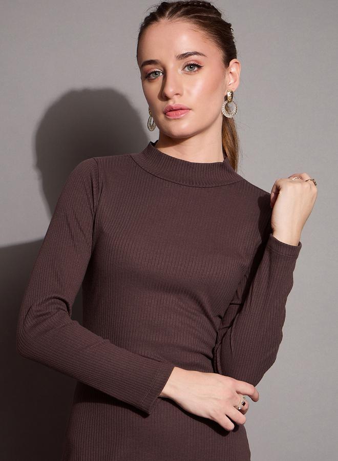 SASSAFRAS Ribbed Bodycon Midi Dress with Back Slit - Image 4