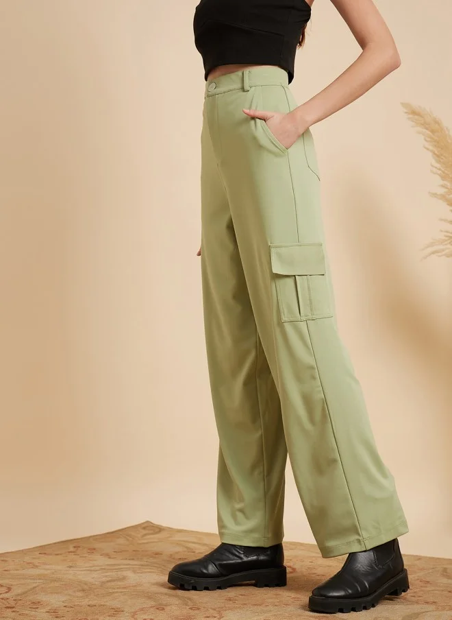 MINT STREET Green Tailored Straight Fit Trousers for Women