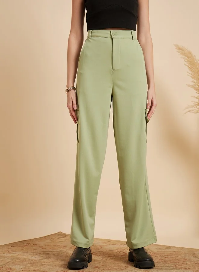 MINT STREET Green Tailored Straight Fit Trousers for Women