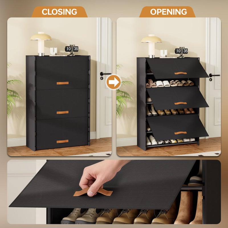Tujurich 6-Tier Shoe Storage Cabinet with Hard Flip Doors, Fabric Cover, Holds 18â€“24 Pairs, Enclosed Dustproof Shoe Rack Organizer for Entryway, Closet & Bedroom, Shoe Shelf, Black, 27.8" x 12.0" x 41.9" - Image 2