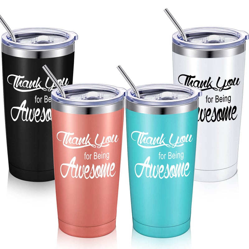 Suclain Thank You Gifts Employee Appreciation Gifts Thank You for Being Awesome Tumbler 20 oz Stainless Steel with Lid Straw for Women Men GraduationLight Blue Rose Gold Black White4 Sets