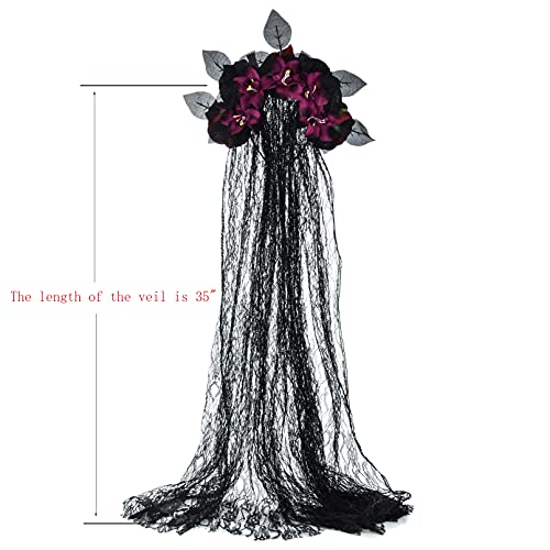 DDazzling Day of The Dead Floral Headband Dia De Los Muertos Costume Halloween Flower Headpiece,Black Flower (Veil+Black Burgundy Flower) - Image 3