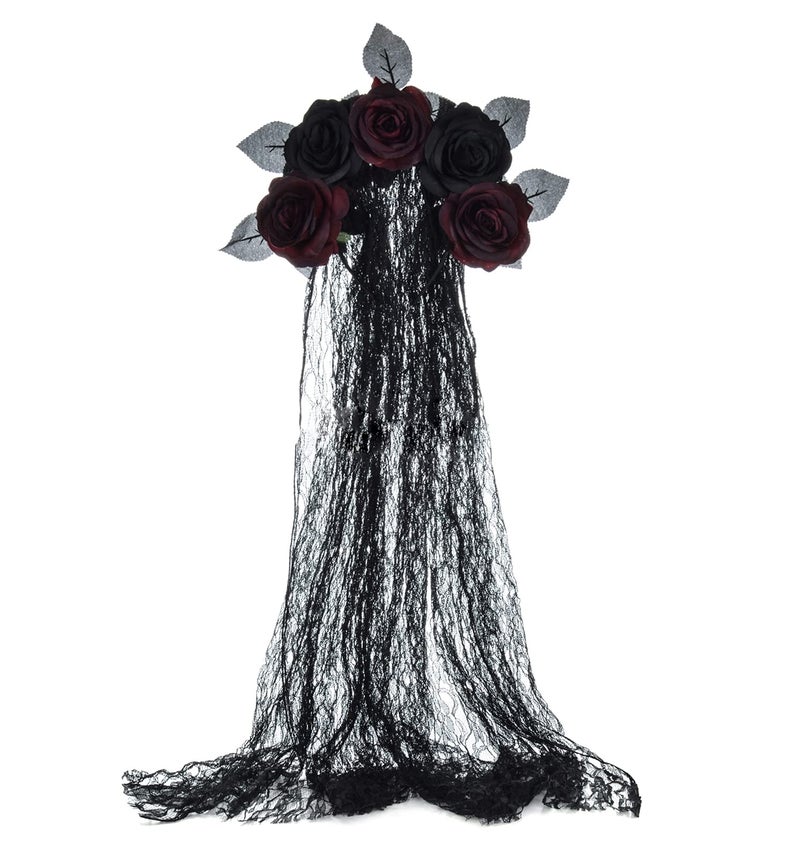 DDazzling Day of The Dead Floral Headband Dia De Los Muertos Costume Halloween Flower Headpiece,Black Flower (Veil+Black Burgundy Flower) - Image 1