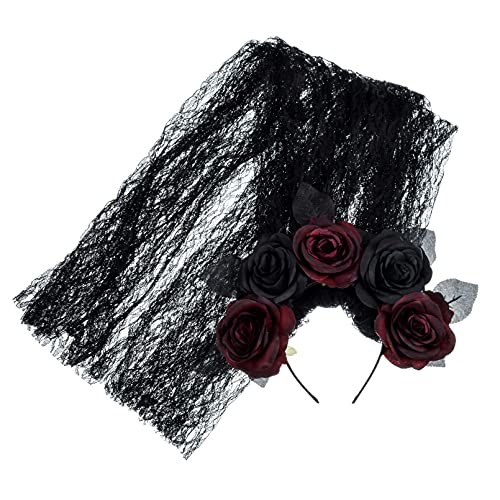 DDazzling Day of The Dead Floral Headband Dia De Los Muertos Costume Halloween Flower Headpiece,Black Flower (Veil+Black Burgundy Flower) - Image 2