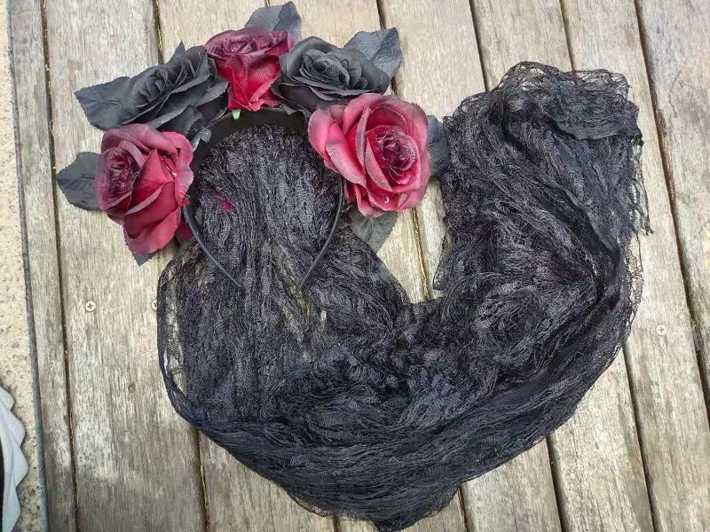 DDazzling Day of The Dead Floral Headband Dia De Los Muertos Costume Halloween Flower Headpiece,Black Flower (Veil+Black Burgundy Flower) - Image 5