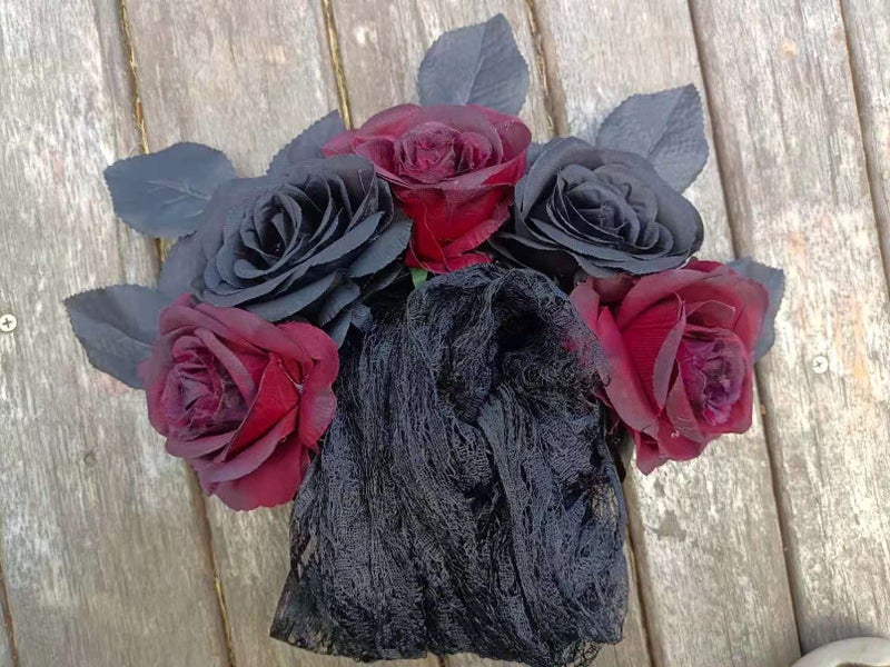 DDazzling Day of The Dead Floral Headband Dia De Los Muertos Costume Halloween Flower Headpiece,Black Flower (Veil+Black Burgundy Flower) - Image 4