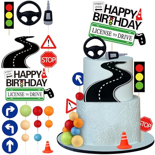KEEPARTY 19Pcs Driver License Cake Topper New Driver Cake Decorations 16th 17th Birthday Cakes for Celebrating New Drivers for Birthday and Road Signs Theme Party Supplies - Image 1