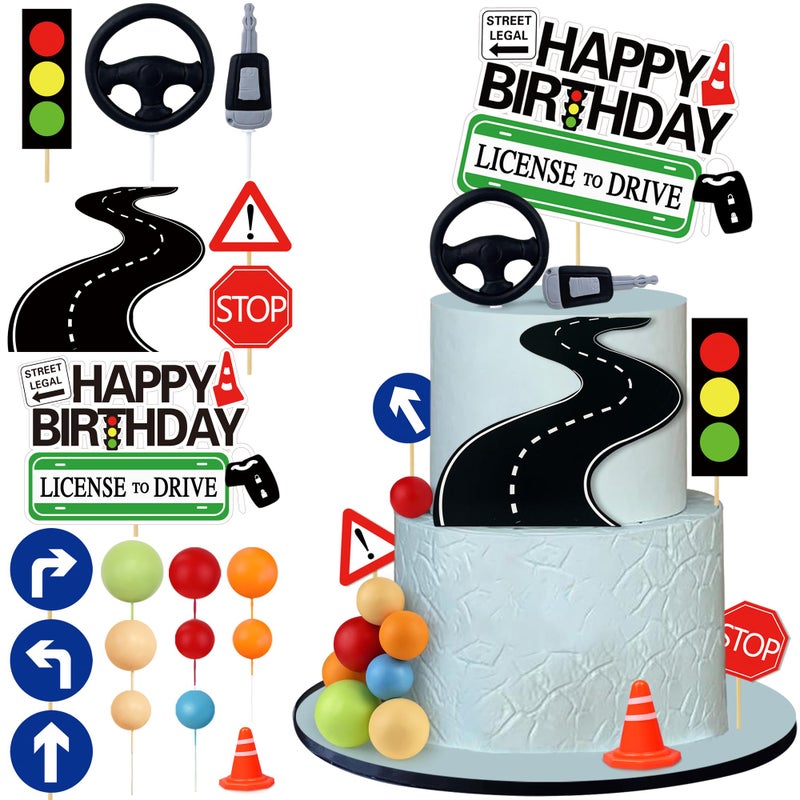 KEEPARTY 19Pcs Driver License Cake Topper New Driver Cake Decorations 16th 17th Birthday Cakes for Celebrating New Drivers for Birthday and Road Signs Theme Party Supplies - Image 3
