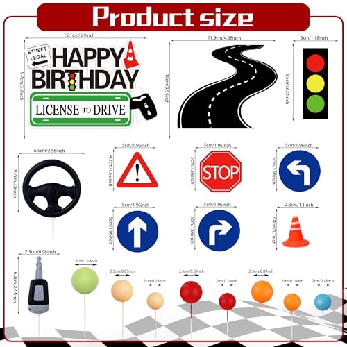 KEEPARTY 19Pcs Driver License Cake Topper New Driver Cake Decorations 16th 17th Birthday Cakes for Celebrating New Drivers for Birthday and Road Signs Theme Party Supplies - Image 5