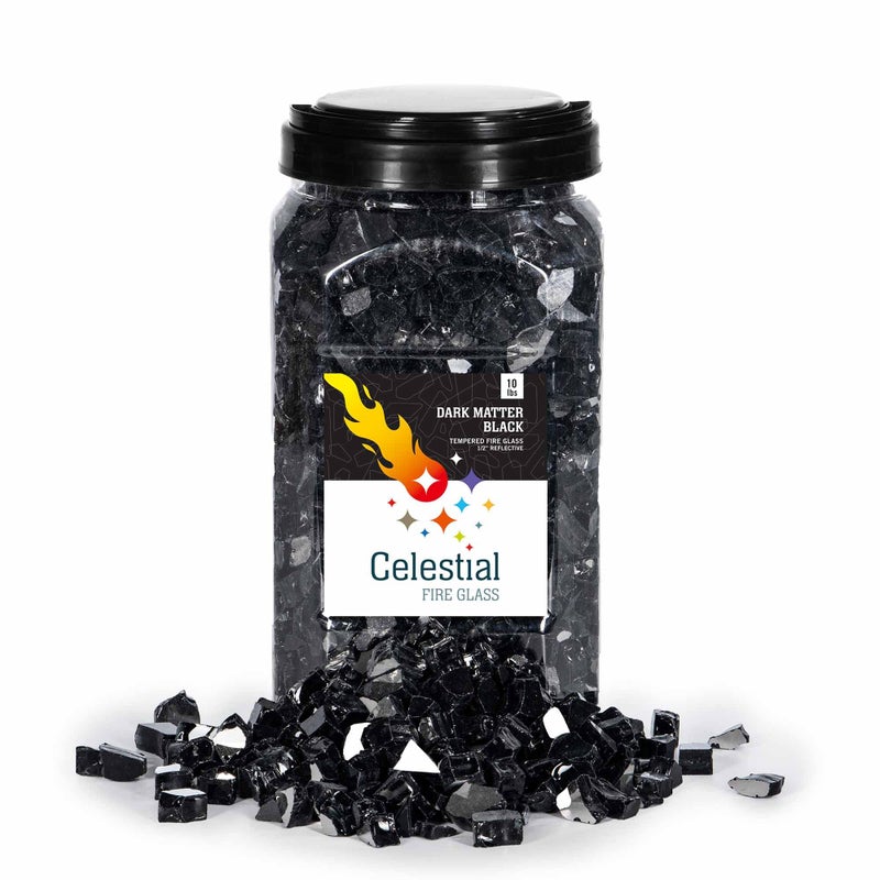 Celestial Fire Glass High Luster 12 Reflective Tempered Fire Glass in Dark Matter Black 10 Pound Jar by Celestial Fire Glass
