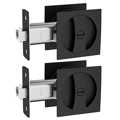 Haidms Matte Black Pocket Door Lock, Square Pocket Door Hardware, Pocket Door Handles, Black Pocket Door Latch Privacy Lock 2 Pack - Image 1
