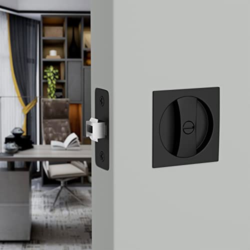 Haidms Matte Black Pocket Door Lock, Square Pocket Door Hardware, Pocket Door Handles, Black Pocket Door Latch Privacy Lock 2 Pack - Image 3