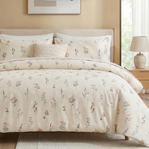 Cozaline Cream Duvet Cover Set King Size 100 Washed Cotton Linen Like Textured Comforter Cover 3 Pcs Luxury Soft and Breathable Floral Duvet Cover with Zipper Closure - Image 1