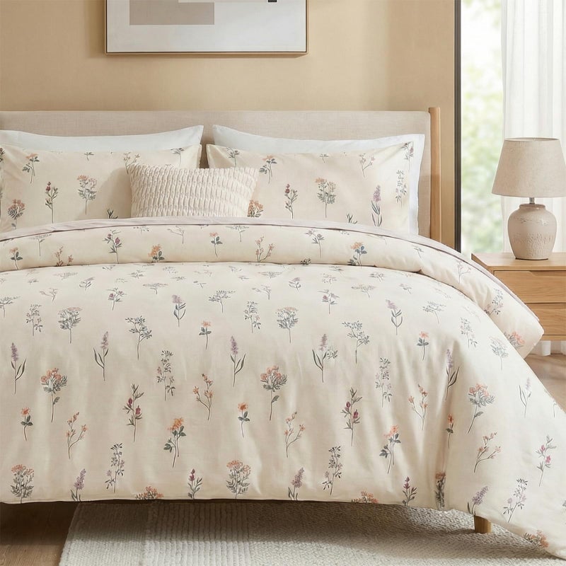 Cozaline Cream Duvet Cover Set King Size 100 Washed Cotton Linen Like Textured Comforter Cover 3 Pcs Luxury Soft and Breathable Floral Duvet Cover with Zipper Closure - Image 2