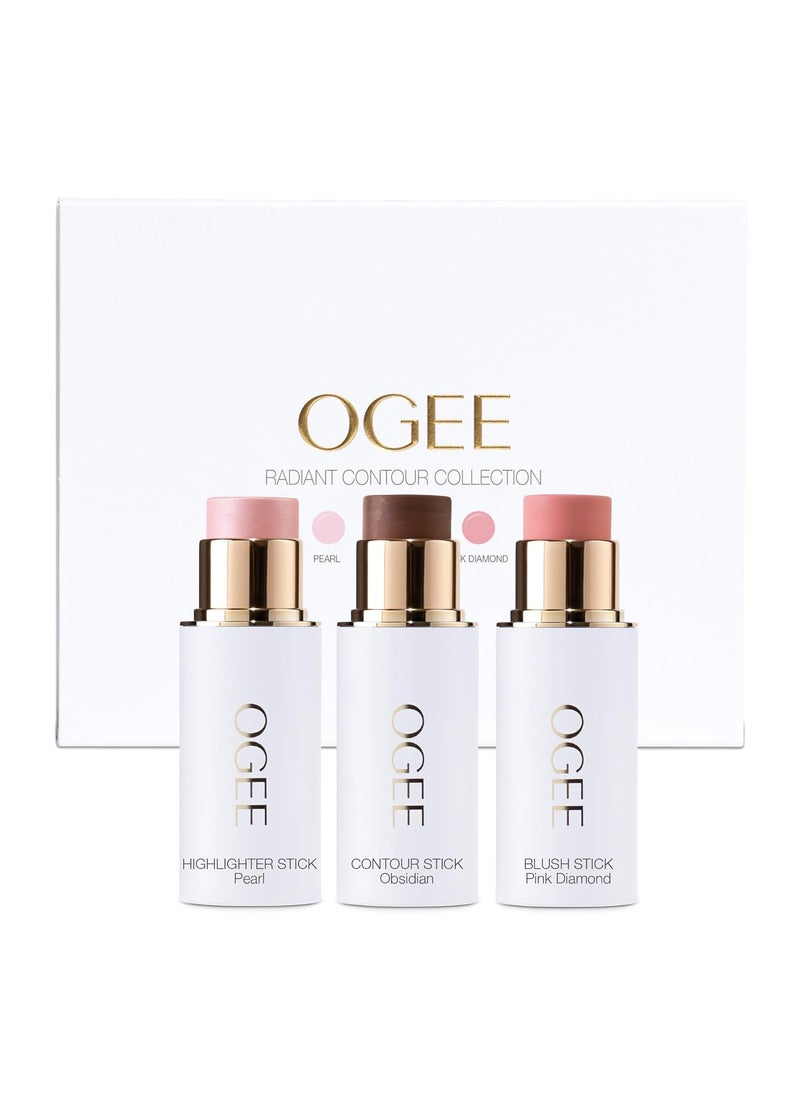 OGEE Ogee Face Stick Radiant Collection Trio  Contour Stick Makeup Collection  Certified Organic Contour Palette  Includes Bronzer Stick Blush Stick  Highlighter Stick 