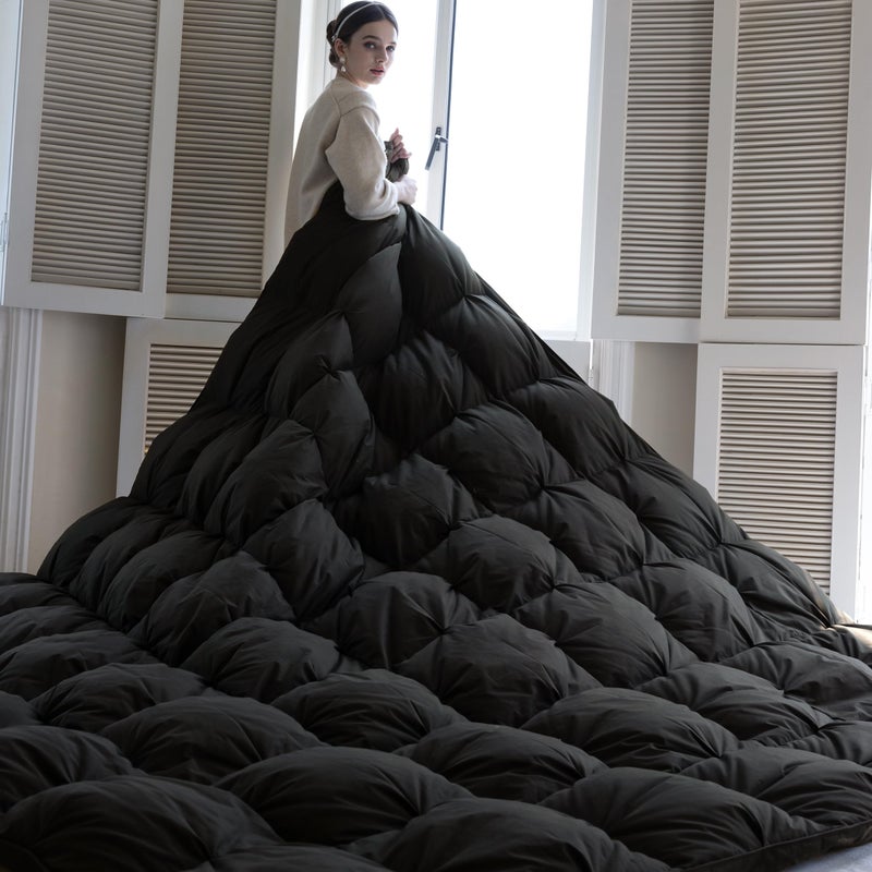KAKABELL Pinch Pleat Goose Down Feathers Fiber Comforter King Size All Season-Ultra Soft and Cozy Noiseless Duvet Insert with Egyptian Cotton Blend Cover,Fluffy Warm Comforter Insert(Black,90"X106") - Image 1