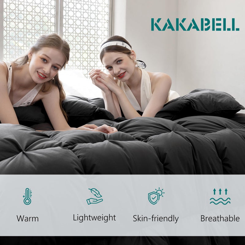 KAKABELL Pinch Pleat Goose Down Feathers Fiber Comforter King Size All Season-Ultra Soft and Cozy Noiseless Duvet Insert with Egyptian Cotton Blend Cover,Fluffy Warm Comforter Insert(Black,90"X106") - Image 2