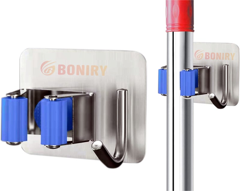 Boniry Broom and Mop Holder Wall Mounted self Adhesive, 304 Metal Stainless Steel Broom Organizers and Storage, Utility Storage Rack Heavy Tools Hanger for Bathroom Kitchen Office Closet (Blue 3) - Image 1