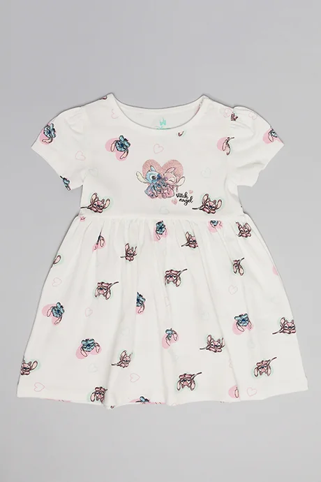 أر أند بي Angel & Stitch Print Fit & Flare Dress with Puff Sleeves