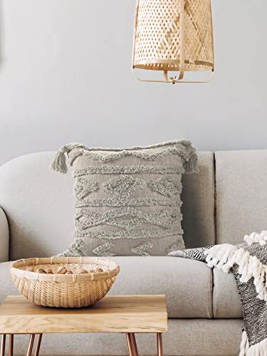 SASHAA WORLD Tasselled and Tufted Cushion Cover | Decorative Throw Pillow for Sofa or Bed | Boho Style Diamond Pattern, Cotton with Zipper Closure for Home Décor | 40x40 cm, Grey - Image 2