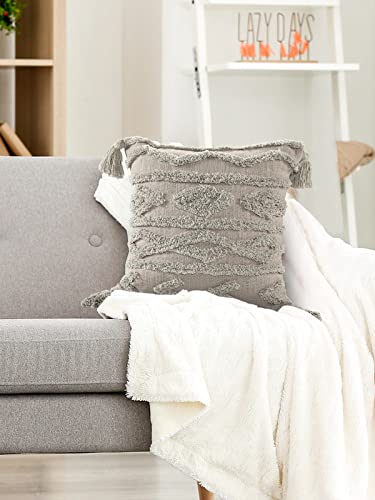 SASHAA WORLD Tasselled and Tufted Cushion Cover | Decorative Throw Pillow for Sofa or Bed | Boho Style Diamond Pattern, Cotton with Zipper Closure for Home Décor | 40x40 cm, Grey - Image 3
