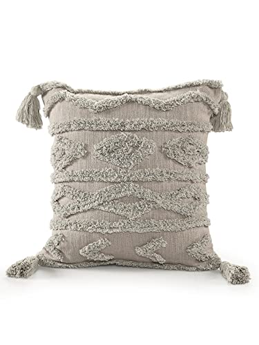 SASHAA WORLD Tasselled and Tufted Cushion Cover | Decorative Throw Pillow for Sofa or Bed | Boho Style Diamond Pattern, Cotton with Zipper Closure for Home Décor | 40x40 cm, Grey - Image 1