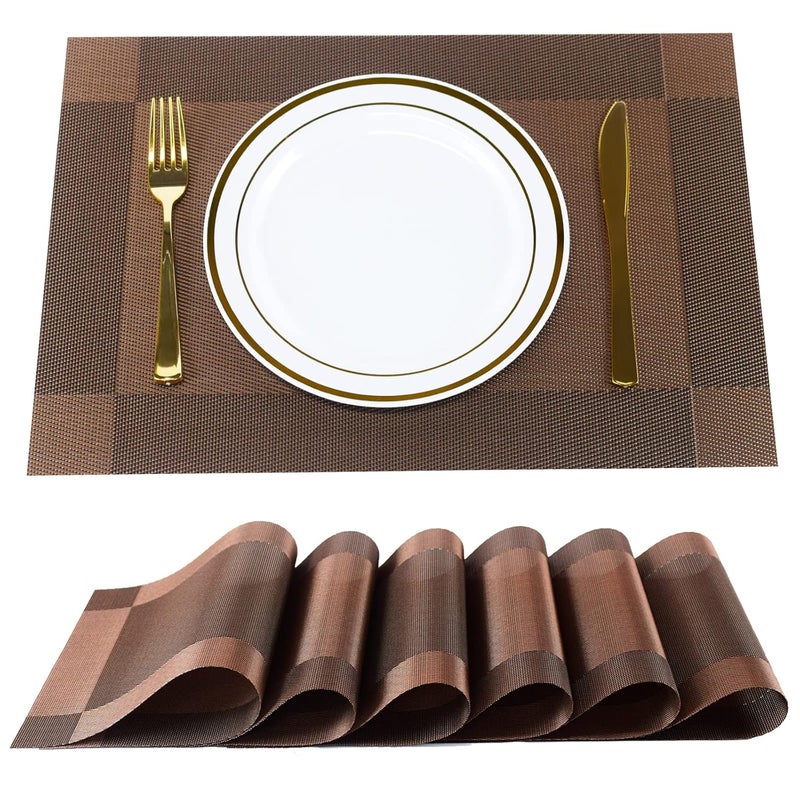 P-Plus International Placemats Place Mats for Kitchen Dining Table, Heat-Resistant StainAnti-Skid Washable PVC Table Mats,Vinyl Dinner Mats (Brown, 6 Pack) - Image 1
