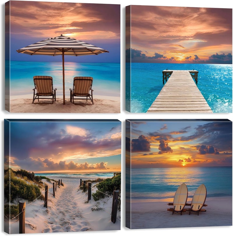ARS Graphics ARS® 4 Pieces Beach Wall Art for Coastal Room Decor - Seaside Scenery Canvas Painting 40x60cm - Image 1